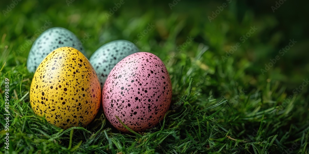 A vibrant collection of colorful, speckled eggs artistically displayed on lush green grass captures the essence of springtime renewal and Easter celebrations. A vibrant collection of colorful, speckled eggs artistically displayed on lush green grass captures the essence of springtime renewal and Easter celebrations.