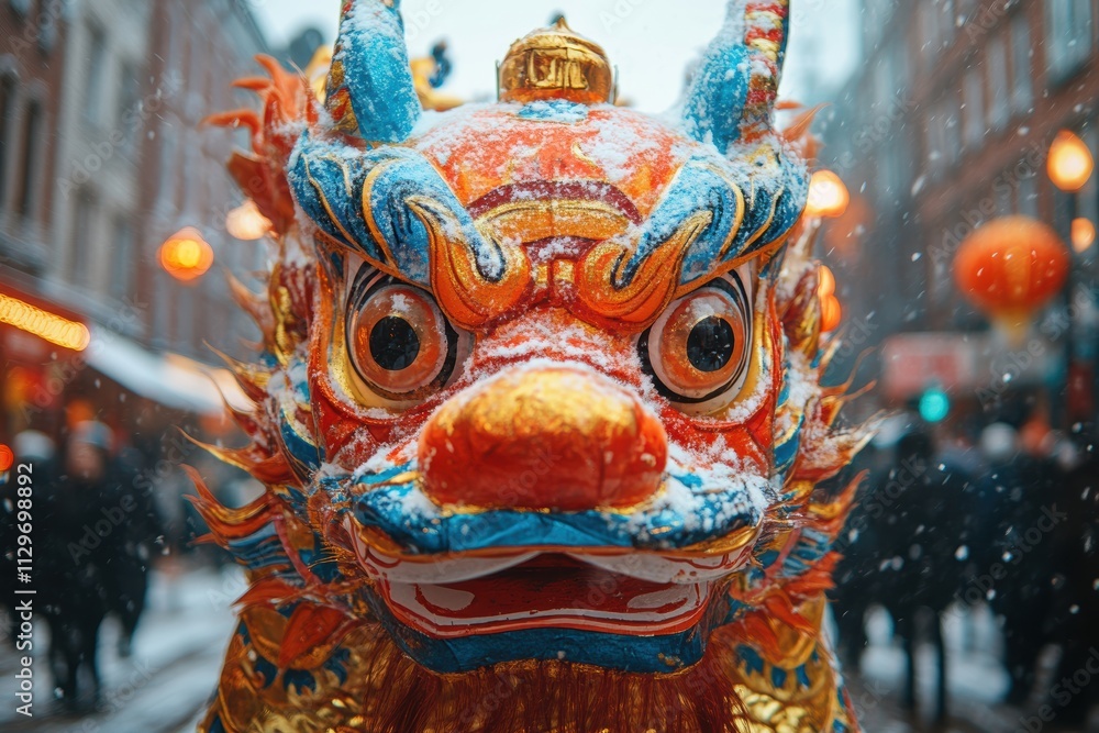 Fototapeta premium A vibrant and ornate traditional dragon head adorned with colorful designs stands prominently in the foreground amidst festive street decorations.