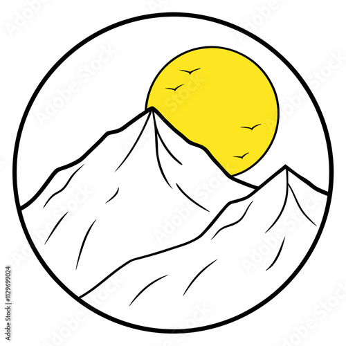 A big round yellow moon with a high mountain peak  ,White Background