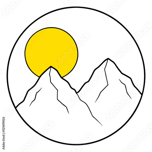 A big round yellow moon with a high mountain peak  ,White Background