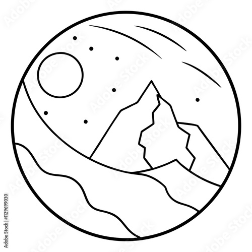 A big round yellow moon with a high mountain peak  ,White Background