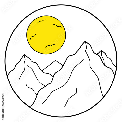 A big round yellow moon with a high mountain peak  ,White Background