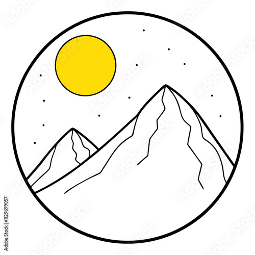 A big round yellow moon with a high mountain peak  ,White Background