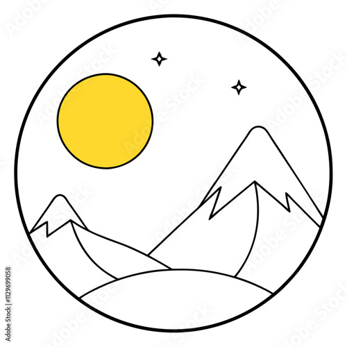 A big round yellow moon with a high mountain peak  ,White Background