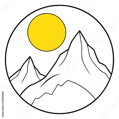 A big round yellow moon with a high mountain peak  ,White Background