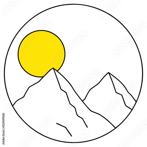 A big round yellow moon with a high mountain peak  ,White Background