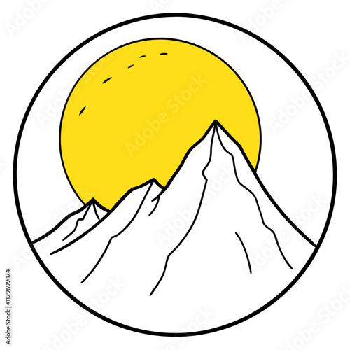 A big round yellow moon with a high mountain peak  ,White Background