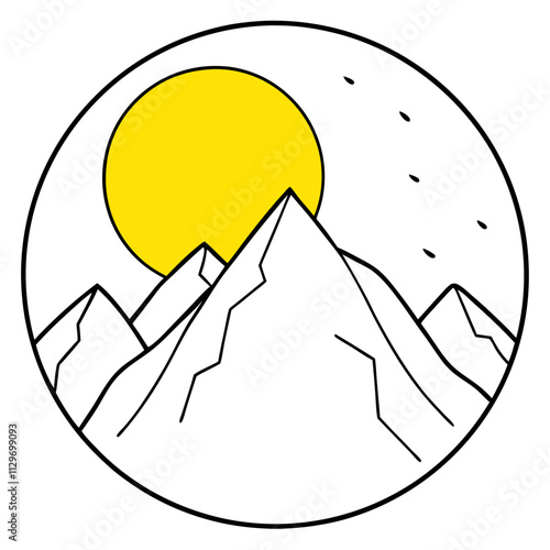 A big round yellow moon with a high mountain peak  ,White Background