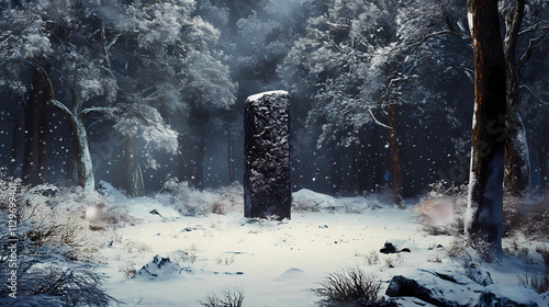 Mysterious monolith in a snowy forest. obscure. illustration. Monolith. Illustration