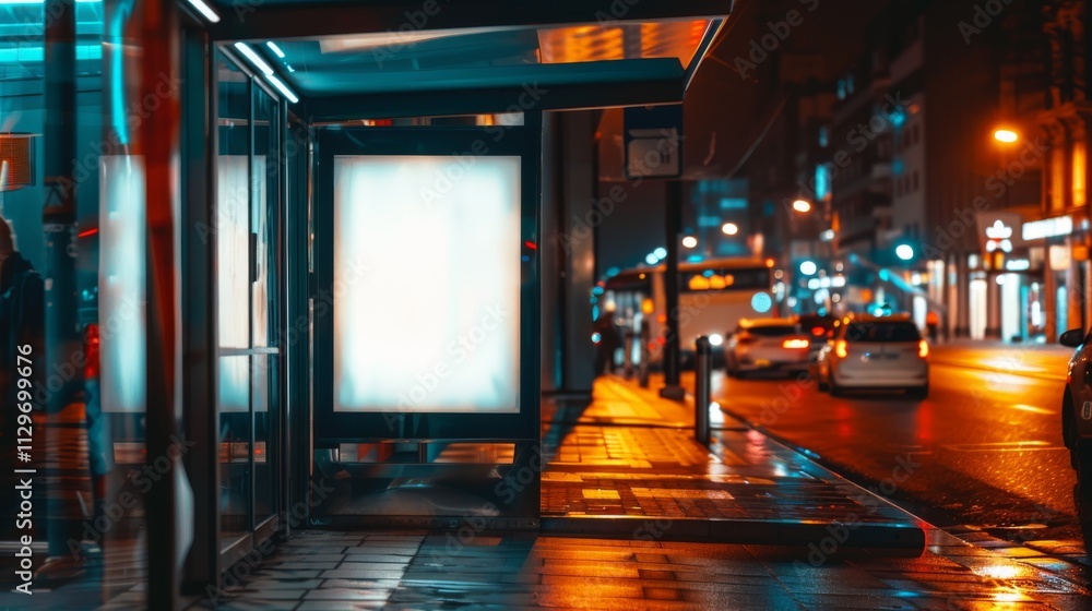 Design a close-up nighttime scene of a modern bus stop The focal point is a brightly lit Design a close-up nighttime scene of a modern bus stop The focal point is a brightly lit