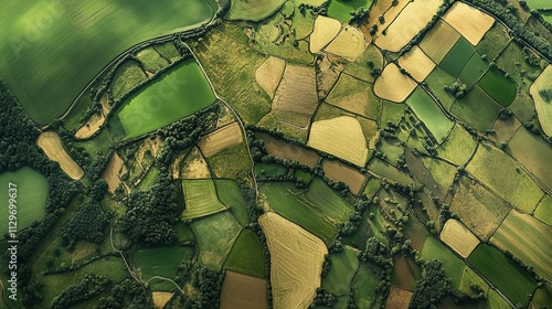 An aerial view of fields with lots of farmland, woods, and open grasslands.