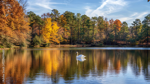 Obraz na płótnie Serene Mute Swan Gliding on Lake Benson, Raleigh, North Carolina - Peaceful Nature Scene, Tranquil Water Reflections w salonie