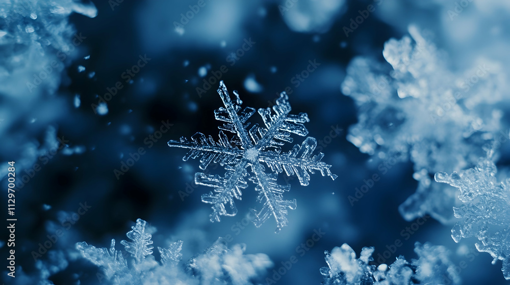 Snowflakes gently falling on a blue background, creating a serene and wintry atmosphere Snowflakes gently falling on a blue background, creating a serene and wintry atmosphere