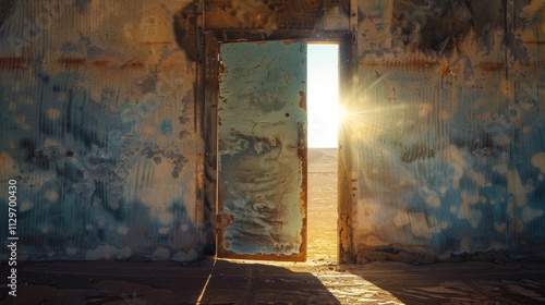 a 4K high-detail photograph of a rustic metal door in an endless desert ajar with a bright photo