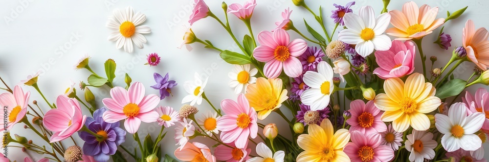 Colorful spring flowers arranged on a light paper background, perfect for seasonal designs, nature, beautiful, pastel Colorful spring flowers arranged on a light paper background, perfect for seasonal designs, nature, beautiful, pastel