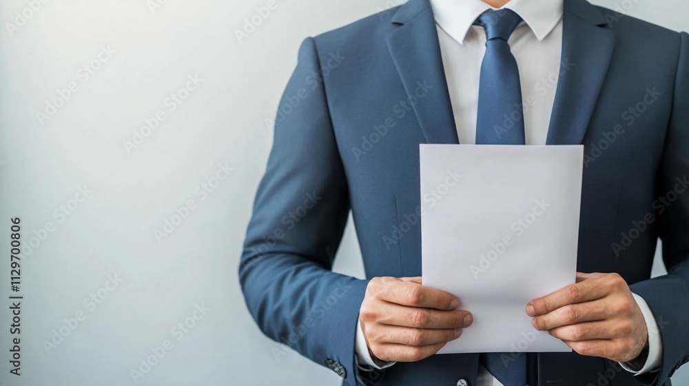 a close up of a well-dressed professional candidate standing confidently, holding a resume, framed against a white background, job hiring process, best candidate concept a close up of a well-dressed professional candidate standing confidently, holding a resume, framed against a white background, job hiring process, best candidate concept