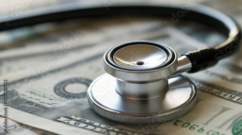 a close up of a stethoscope on dollar bills, symbolizing expensive medical treatment, healthcare costs concept photo