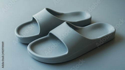 Stock photo of gray rubber sandals with contoured footbed, minimalist style 