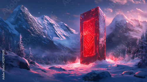 Frost-bound monolith with glowing red engravings in a snowy mountain landscape. wondrous crystal maze. illustration. Monolith. Illustration photo