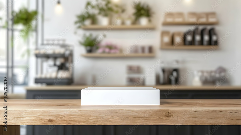 White wooden tabletop background with an empty wood counter surface and blur store/cafe display mockup template White wooden tabletop background with an empty wood counter surface and blur store/cafe display mockup template