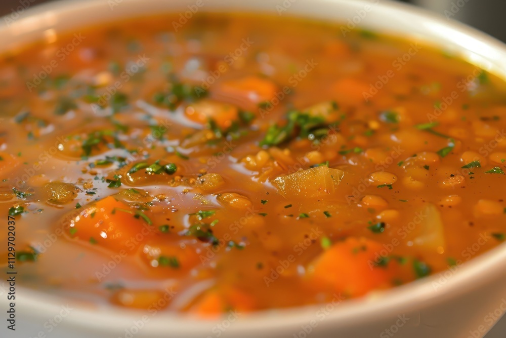 Closeup of lentil soup cooked for 3 hours with carrots and onions to thicken sauce Closeup of lentil soup cooked for 3 hours with carrots and onions to thicken sauce