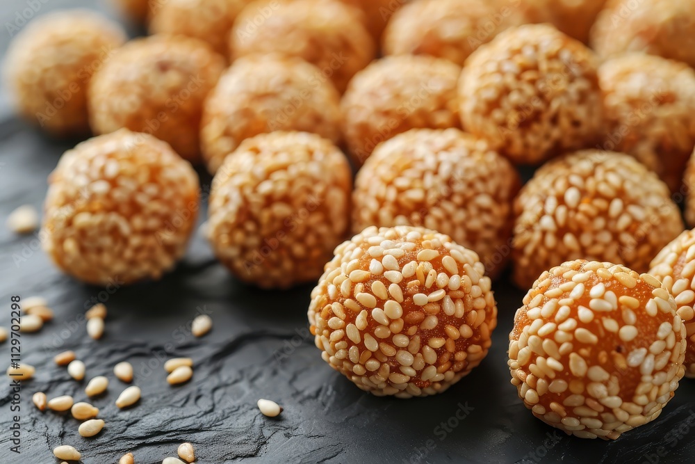Closeup of various tasty sesame balls on grey table Closeup of various tasty sesame balls on grey table