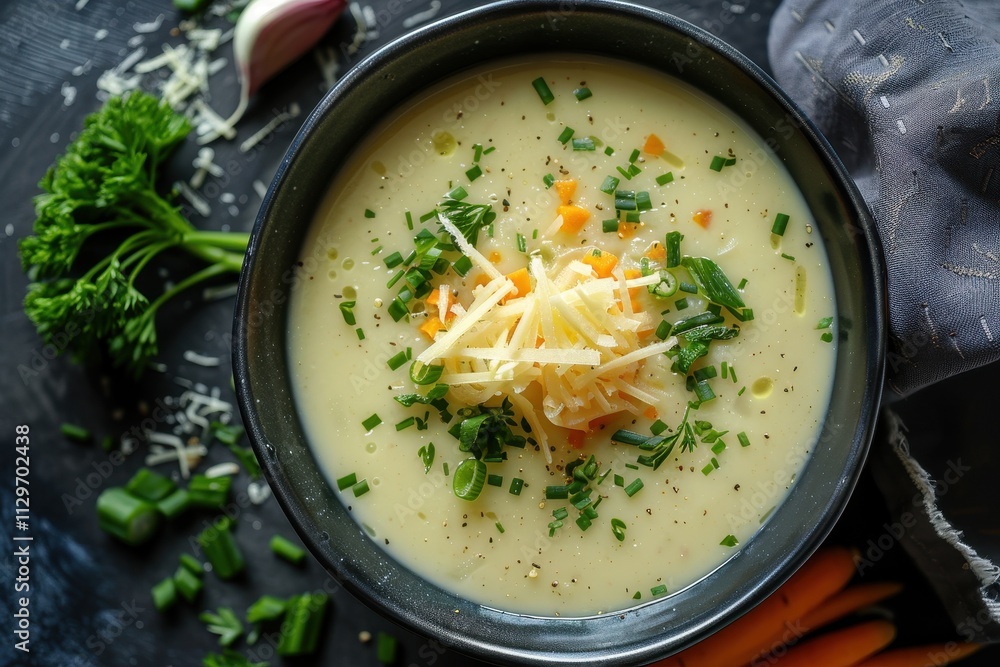 Closeup top view of a creamy artichoke soup with leeks carrots garlic and cheese in a dark blue bowl Closeup top view of a creamy artichoke soup with leeks carrots garlic and cheese in a dark blue bowl