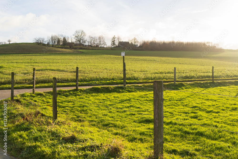 Fototapeta premium Panoramic landscape photo of German countryside in North Rhine Westphalia. Hills, forests and fields of Sauerland