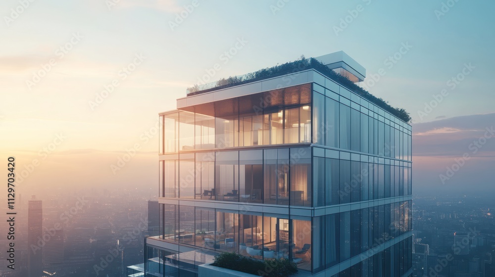 Tall luxury apartment building with floor-to-ceiling windows, rooftop garden, elegant architectural elements, photorealistic 3D render Tall luxury apartment building with floor-to-ceiling windows, rooftop garden, elegant architectural elements, photorealistic 3D render