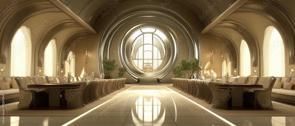 Obraz premium Elegant Dining Hall with Archways and Oval Window
