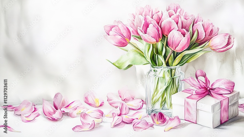 Obraz premium Elegant bouquet of pink tulips in a glass vase with scattered petals, accompanied by a small white gift box tied with a pink bow, painted in a realistic watercolor style on a white background 