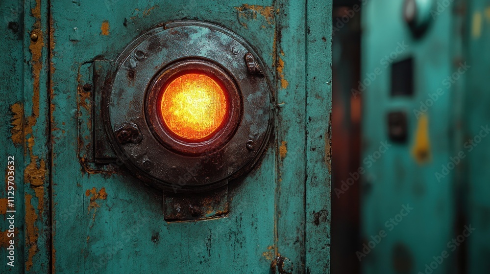 Rusty industrial light on a weathered door. Rusty industrial light on a weathered door.