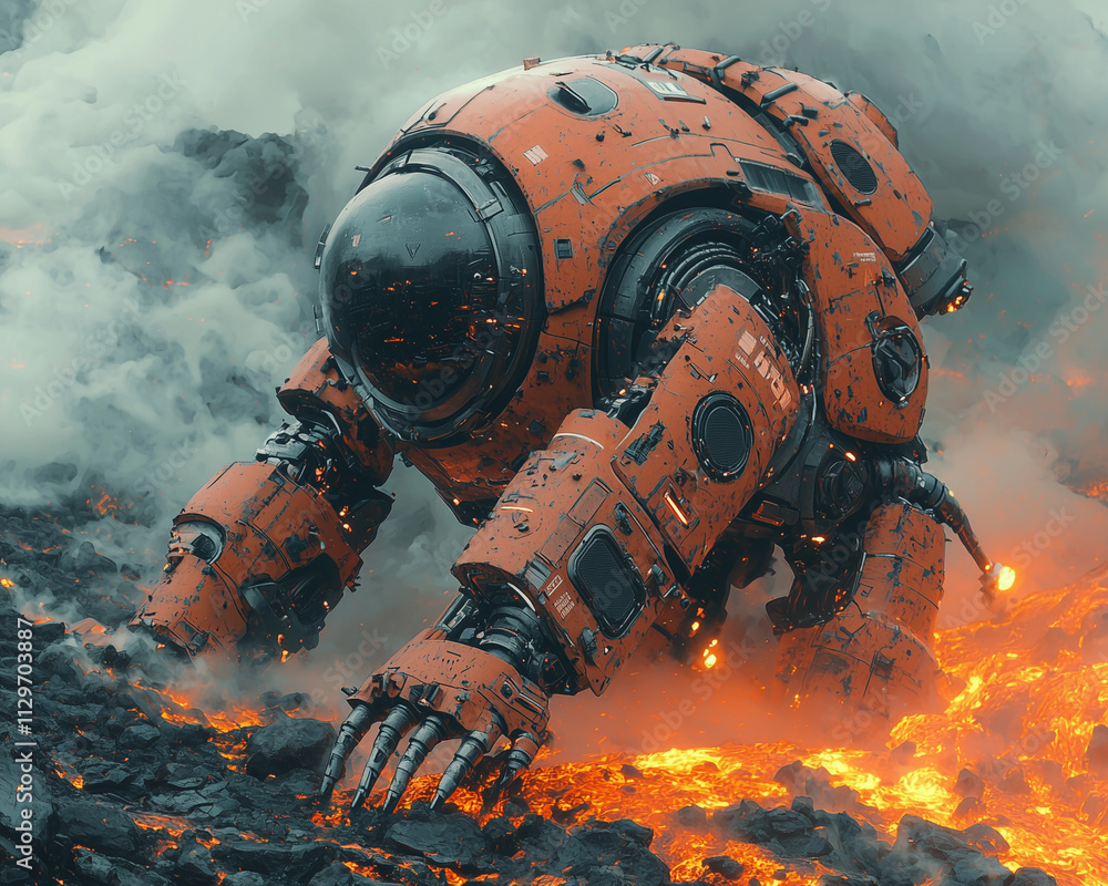 fire sentinel, an industrial mech suit stands vigilant amidst billowing smoke and lava flows fire sentinel, an industrial mech suit stands vigilant amidst billowing smoke and lava flows