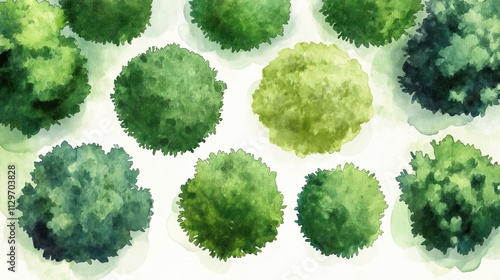 Watercolor illustration shows top view of green trees, bushes. Layout plan for garden design. Suitable for landscape architecture, urban planning. Design for parks, eco-friendly concepts,