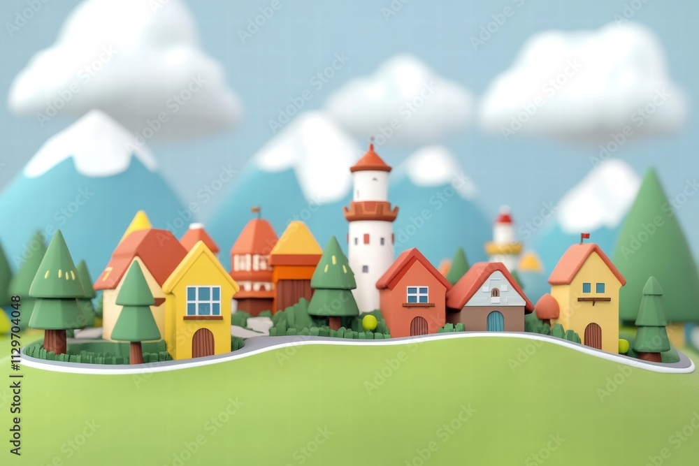 Idyllic Cartoon Village in Mountain Landscape Idyllic Cartoon Village in Mountain Landscape