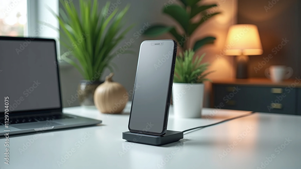Modern workspace featuring a smartphone, laptop, and cozy lighting. Modern workspace featuring a smartphone, laptop, and cozy lighting.
