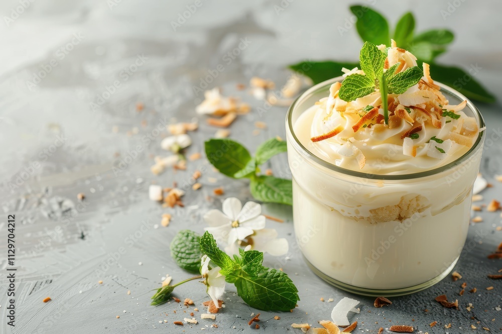 Coconut panna cotta dessert in jar with mint leaves on stone background vegan sweet treat Coconut panna cotta dessert in jar with mint leaves on stone background vegan sweet treat