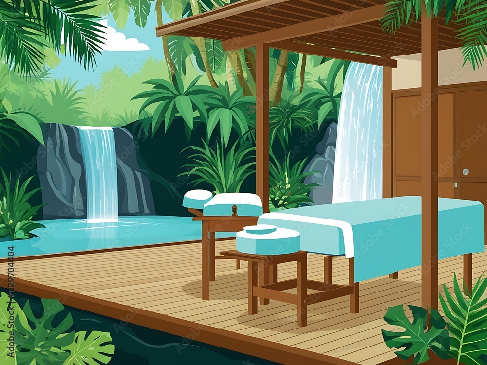 Obraz premium Tranquil Tropical Spa Setting With Waterfall And Massage Table