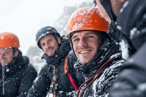 A group of cheerful climbers share laughter and joy in the snowy terrain, symbolizing friendship, adventure, and the excitement of exploring nature together. photo