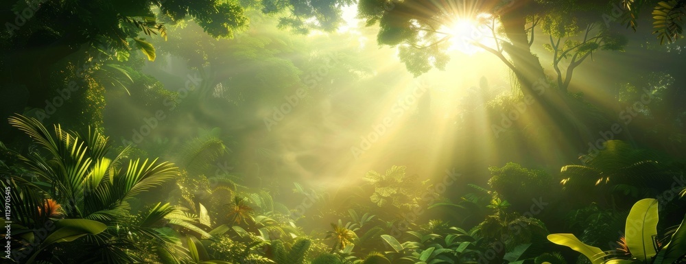 Obraz premium A vibrant jungle scene features lush green foliage, with sunlight beautifully illuminating this enchanting forest