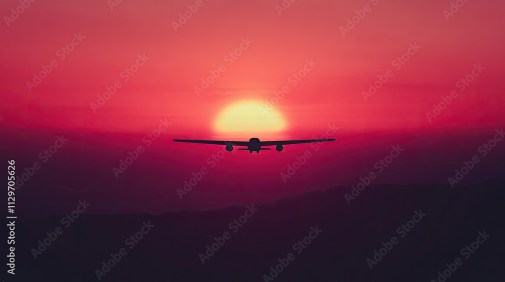 Airplane silhouetted against a vibrant sunset. Airplane silhouetted against a vibrant sunset.