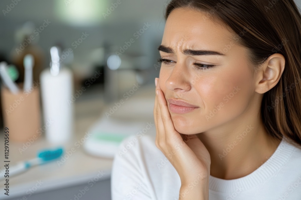 A young woman is holding her jaw in distress, signifying a dental issue, in a softly lit environment with personal care items in the background for a relatable context. A young woman is holding her jaw in distress, signifying a dental issue, in a softly lit environment with personal care items in the background for a relatable context.