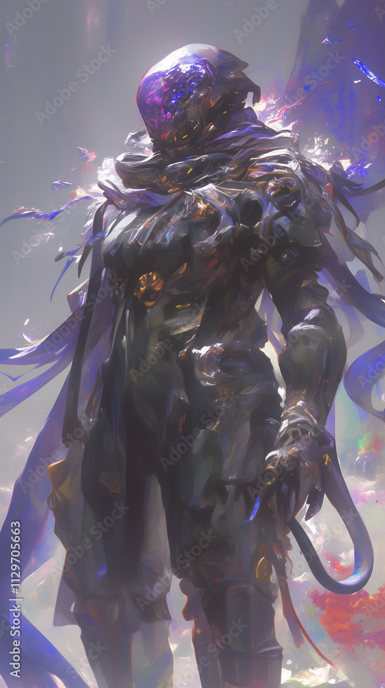 Naklejka premium stellar specter, a radiant mech adorned with cosmic colors wanders through an interstellar nebula