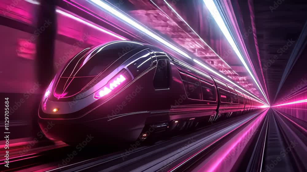 Futuristic High-Speed Train in Neon-Lit Tunnel