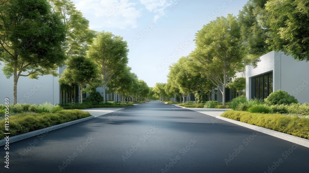 Asphalt road stretches through row of trees, modern buildings. Green trees line road. Buildings light gray. Peaceful, tranquil urban environment. Eco-friendly design. Ideal for real estate, urban Asphalt road stretches through row of trees, modern buildings. Green trees line road. Buildings light gray. Peaceful, tranquil urban environment. Eco-friendly design. Ideal for real estate, urban