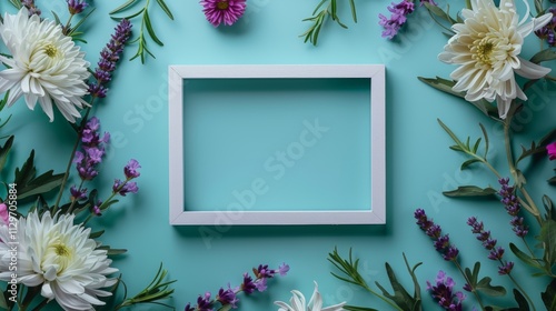 A blank white picture frame with a resin border centered encircled by chrysanthemums and lavender photo