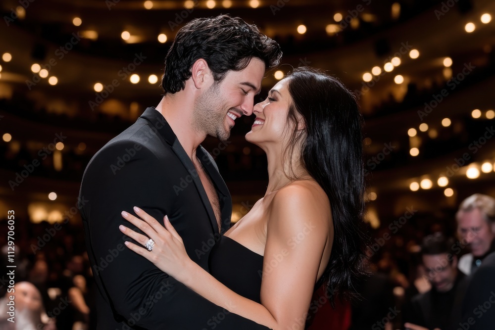 In a lively theater, a couple joyfully embraces, sharing a moment of affection and happiness amidst the dazzling lights and captivating atmosphere of stage performance. In a lively theater, a couple joyfully embraces, sharing a moment of affection and happiness amidst the dazzling lights and captivating atmosphere of stage performance.