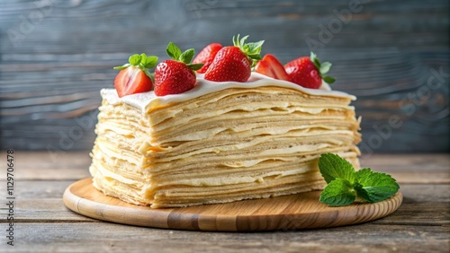 Delicious mille crepe cake showing layers of cream and crispy crepes, mille crepe, cake, dessert, sweet, pastry, French