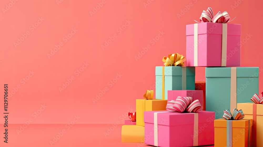 Fototapeta premium Colorful gift boxes stacked on a pink background. Perfect for holiday or celebration themes.