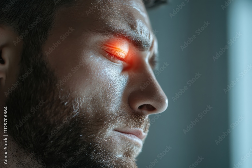 Fototapeta premium A profile view of a man with a vibrant red glow near his eye, conveying a sense of seriousness and deep contemplation, showcasing the interplay of light and shadow expression.
